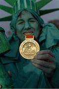 18 November 2012; 'The Statue of Liberty' Christabel O'Loughlin, from Clonsilla, Dublin, displays an official medal at the New York Dublin marathon. The marathon was organised as a result of the cancellation of the official New York marathon due to the devastation caused by Hurricane Sandy. Phoenix Park, Dublin. Picture credit: Brian Lawless / SPORTSFILE