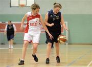 24 November 2012; Paula Daly, Blue Dolphin Special Olympics Club, in action against, Wilma Smit, Antrim Borough Special Olympics Club. 2012 Special Olympics Ireland Women's National Basketball Cup Final, Antrim Borough Special Olympics Club v Blue Dolphin Special Olympics Club, Gormanston College, Co. Meath. Photo by Sportsfile