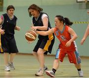 24 November 2012; Margaret Dunican, Connaught Special Olympics Club, in action against Laura Byrne, Sports Club 15 Special Olympics Club, Dublin. 2012 Special Olympics Ireland Women's National Basketball Plate, Connaught Special Olympics Club v Sports Club 15 Special Olympics Club, Dublin, Gormanston College, Co. Meath. Photo by Sportsfile