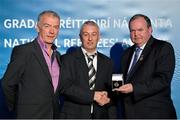 24 November 2012; Referee David Copps, from Cork, is presented with his All-Ireland U21B Hurling Chamionship referees' medal by Uachtarán Chumann Lúthchleas Gael Liam Ó Néill, right, and Chairman of the National Referees Committee, Pat McEnaney. 2012 National Referees' Awards Banquet, Croke Park, Dublin. Picture credit: Barry Cregg / SPORTSFILE