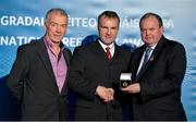 24 November 2012; Referee Diarmuid Kirwan, from Cork, is presented with his All-Ireland U21 Hurling Chamionship referees' medal by Uachtarán Chumann Lúthchleas Gael Liam Ó Néill, right, and Chairman of the National Referees Committee, Pat McEnaney. 2012 National Referees' Awards Banquet, Croke Park, Dublin. Picture credit: Barry Cregg / SPORTSFILE