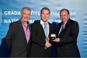 24 November 2012; Referee Shane Hourigan, from Limerick, is presented with his All-Ireland Minor B Hurling Chamionship referees' medal by Uachtarán Chumann Lúthchleas Gael Liam Ó Néill, right, and Chairman of the National Referees Committee, Pat McEnaney. 2012 National Referees' Awards Banquet, Croke Park, Dublin. Picture credit: Barry Cregg / SPORTSFILE