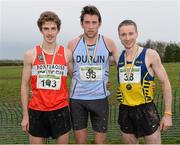 25 November 2012; Joseph Sweeney, Dublin, who won the Senior Men's 10,000m with 2nd place Michael Mulhare, left, Portlaoise A.C., Co. Laois, and 3rd place Sean Hehir, Clare, right, at the Woodie's DIY Juvenile and Inter County Cross Country Championships. Tattersalls, Ratoath, Co. Meath. Photo by Sportsfile