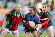 27 November 2012; Julie Ní Dhugáin, Scoil Lorcáin Baile na Manach, in action against Emily Quinn, St Brigid’s Castleknock. Allianz Cumann na mBunscol Finals, St Brigid’s Castleknock v Scoil Lorcáin Baile na Manach. Some 1,200 players took part over the two day finals. Croke Park, Dublin. Picture credit: Brian Lawless / SPORTSFILE