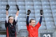 27 November 2012; Goalkeeper Louise Collinns, left, and corner back Zara Mee defend the St Brigid’s Cabinteely, Co. Dublin, goal line during their Allianz Cumann na mBunscol Final at Croke Park, Dublin. Picture credit: Ray McManus / SPORTSFILE