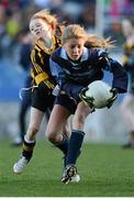 27 November 2012; Lara O'Byrne, Scoil Archbishop Ryan Balgaddy, in action against Kacey Murphy, Scoil Damian Walkinstown. Allianz Cumann na mBunscol Finals, Scoil Damian Walkinstown v Scoil Archbishop Ryan Balgaddy, Croke Park, Dublin. Some 1,200 players took part in the finals which were played at the GAA head quarters over the last two days. Picture credit: Brian Lawless / SPORTSFILE