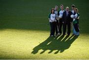 28 November 2012; Uachtarán Chumann Lúthchleas Gael Liam Ó Néill with, from left, Wexford camogie player Ursula Jacob, Clare hurler Niall Arthur, Mayo footballer Cillian O'Connor, Galway handballer Martin Mulkerrins, and Dublin ladies footballer Sineád Goldrick, in attendance at the launch of the GAA Annual Games Development Conference. Croke Park, Dublin. Picture credit: Brian Lawless / SPORTSFILE