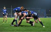 1 December 2012; Cian Healy, Leinster, on his way to scoring his side's fourth try with support from team-mates Tom Denton, left, and Eoin Reddan, despite the tackle of Andrea De Marchi, Zebre. Celtic League 2012/13, Round 10, Leinster v Zebre, RDS, Ballsbridge, Dublin. Picture credit: Stephen McCarthy / SPORTSFILE