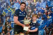 1 December 2012; Leinster's Kevin McLaughlin is presented with the Most Valued Player, sponsored by Best Menswear, award by Evan Smith. Celtic League 2012/13, Round 10, Leinster v Zebre, RDS, Ballsbridge, Dublin. Picture credit: Stephen McCarthy / SPORTSFILE