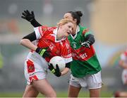 2 December 2012; Majella Woods, Donaghmoyne, in action against Caroline McGing, Carnacon. TESCO HomeGrown All-Ireland Senior Club Final, Carnacon, Mayo v Donaghmoyne, Monaghan, Ballinamore, Leitrim. Picture credit: Ray McManus / SPORTSFILE