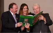 3 December 2012; Uachtarán Chumann Lúthchleas Gael Liam Ó Néill, left, Deirdre O'Neill, marketing manager from Carrolls Cuisine, and Sportsfile photographer Ray McManus at the launch of 'A Season of Sunday's 2012' sponsored by Carrolls Cuisine. A Season of Sundays 2012 Launch, The Croke Park Hotel. Photo by Sportsfile