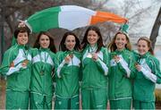 10 December 2012; The Ireland Senior Women's team, from left, Sara Treacy, Linda Byrne, Ava Hutchinson, Sarah McCormack, Lizzie Lee and Fionnuala Britton, relax after winning Gold in the Senior Women's race at the SPAR European Cross Country Championships.  Danubius Hotel, Margaret Island, Budapest, Hungary. Picture credit: Barry Cregg / SPORTSFILE
