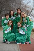 10 December 2012; The Ireland Senior Women's team, from left, Linda Byrne, Sara Treacy, Ava Hutchinson, Sarah McCormack, Lizzie Lee and Fionnuala Britton relax after winning Gold in the Senior Women's race at the SPAR European Cross Country Championships.  Danubius Hotel, Margaret Island, Budapest, Hungary. Picture credit: Barry Cregg / SPORTSFILE