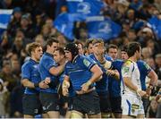 15 December 2012; Shane Jennings, Leinster, is congratulated by team-mates after scoring his side's first try. Heineken Cup 2012/13, Pool 5, Round 4, Leinster v ASM Clermont Auvergne, Aviva Stadium, Lansdowne Road, Dublin. Picture credit: Stephen McCarthy / SPORTSFILE