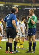 15 December 2012; Referee Wayne Barnes speaks to Leinster's Mike Ross, in the company Leo Cullen, for going down in a scrum. Heineken Cup 2012/13, Pool 5, Round 4, Leinster v ASM Clermont Auvergne, Aviva Stadium, Lansdowne Road, Dublin. Picture credit: Brendan Moran / SPORTSFILE