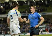15 December 2012; Jamie Heaslip, Leinster, with former team-mate Nathan Hines, ASM Clermont Auvergne, after the game. Heineken Cup 2012/13, Pool 5, Round 4, Leinster v ASM Clermont Auvergne, Aviva Stadium, Lansdowne Road, Dublin. Picture credit: Stephen McCarthy / SPORTSFILE