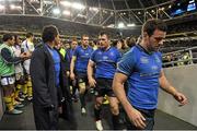 15 December 2012; Dejected Leinster players, from left, Isa Nacewa, Shane Jennings, Cian Healy and Fergus McFadden, leave the pitch after the game. Heineken Cup 2012/13, Pool 5, Round 4, Leinster v ASM Clermont Auvergne, Aviva Stadium, Lansdowne Road, Dublin. Picture credit: Brendan Moran / SPORTSFILE