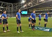 15 December 2012; Dejected Leinster players, from left, Cian Healy, Jonathan Sexton, Mike Ross, Dave   Kearney and Shane Jennings, after the game. Heineken Cup 2012/13, Pool 5, Round 4, Leinster v ASM Clermont Auvergne, Aviva Stadium, Lansdowne Road, Dublin. Picture credit: Brendan Moran / SPORTSFILE