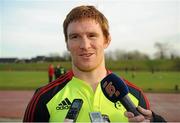 3 January 2013; Munster's Sean Dougall during a media briefing ahead of their Celtic League 2012/13, Round 13, game against Cardiff Blues on Saturday. Munster Rugby Media Briefing, University of Limerick, Limerick. Picture credit: Diarmuid Greene / SPORTSFILE