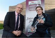 7 January 2013; Sylvia Gee, DLR Waves, is presented with the Bus Éireann Women's National League Player of the Month Award for November/December 2012 by Fran Gavin, Director of the Bus Éireann National Women's League. FAI Headquarters, Abbotstown, Dublin. Picture credit: David Maher / SPORTSFILE