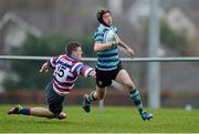 10 January 2013; Con Callan, St. Gerard’s School, is tackled by Evan O'Connor, Templeogue College. Vinny Murray Schools Cup, 1st Round, St. Gerard’s School v Templeogue College, Seapoint RFC, Killiney, Co. Dublin. Picture credit: Matt Browne / SPORTSFILE