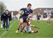 12 January 2013; David McDermot, Leinster, is tackled by Jack Hargan, Ulster. Under 18 Club Interprovincial, Leinster v Ulster, Ashbourne RFC, Ashbourne, Co. Meath. Picture credit: Barry Cregg / SPORTSFILE