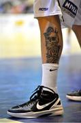 11 January 2013; Detail view of a tattoo on the leg of Jason Killeen, UL Eagles. 2013 Basketball Ireland Men's Superleague National Cup Semi-Final, UL Eagles v UCD Marian, Neptune Stadium, Cork. Picture credit: Brendan Moran / SPORTSFILE