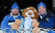 12 January 2013; Leinster supporters Philip, left, and Carl Lawlor, from the Coombe, Dublin, with &quot;Lenny the Lion&quot; ahead of the game. Heineken Cup, Pool 5, Round 5, Leinster v Scarlets, RDS, Ballsbridge, Dublin. Picture credit: Barry Cregg / SPORTSFILE