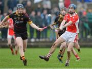 16 January 2013; Stephen Ryan, Doon CBS, in action against William O'Donoghue, Ardscoil Rís. Dr. Harty Cup Quarter-Final, Ardscoil Rís Limerick v Doon CBS. Bruff, Co. Limerick. Picture credit: Diarmuid Greene / SPORTSFILE