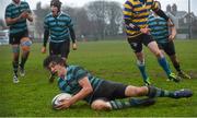 17 January 2013; Calvin Jordan, St. Gerard’s School, scores his side's fourth try. Vinnie Murray Cup, Second Round, St. Gerard’s School v Skerries Community College, Suttonians RFC, Sutton, Co. Dublin. Picture credit: Brian Lawless / SPORTSFILE