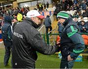 20 January 2013; Mickey Harte, Tyrone manager and Peter Canavan, Fermanagh manager, shake hands before the game. Power NI Dr. McKenna Cup, Semi-Final, Tyrone v Fermanagh, Athletic Grounds, Armagh. Picture credit: Oliver McVeigh / SPORTSFILE