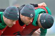 22 January 2013; Ireland hooker Rory Best, centre, with front row parters Mike Ross, left, and Cian Healy during squad training ahead of the Ireland Wofhounds match against the England Saxons on January 25th and the opening RBS Six Nations Rugby Championship match against Wales on February 2nd. Ireland Rugby Squad Training, Carton House, Maynooth, Co. Kildare. Picture credit: Brendan Moran / SPORTSFILE