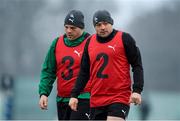 22 January 2013; Ireland hooker Rory Best and team-mate Mike Ross, left, during squad training ahead of the Ireland Wofhounds match against the England Saxons on January 25th and the opening RBS Six Nations Rugby Championship match against Wales on February 2nd. Ireland Rugby Squad Training, Carton House, Maynooth, Co. Kildare. Picture credit: Brendan Moran / SPORTSFILE