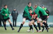 22 January 2013; Ireland's Cian Healy in action against Devin Toner during squad training ahead of the Ireland Wofhounds match against the England Saxons on January 25th and the opening RBS Six Nations Rugby Championship match against Wales on February 2nd. Ireland Rugby Squad Training, Carton House, Maynooth, Co. Kildare. Picture credit: Brendan Moran / SPORTSFILE