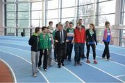 23 January 2013; Former world 5,000m gold medallist Eamonn Coghlan speaking with Athlone Institute of Technology athletes at the Athlone Institute of Technology International Arena. The €10 million facility has a footprint of 6,818m² and an overall building floor area of 9,715m². Some 850 tonnes of structural steel and 50,000 concrete blocks went into the construction of the facility which can house 2,000 spectators. The official opening of the arena will take place next month, prior to the hosting of the Athletics Ireland Senior Indoor Championships on 16-17 February. Athlone Institute of Technology, Athlone, Co. Westmeath. Picture credit: Stephen McCarthy / SPORTSFILE