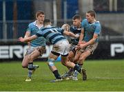 29 January 2013; Matthew Gilsenen, right, St. Michael’s College, passes the ball to team-mate Dan Green as he is tackled by Daniel Byrne and Cian Doddy, left, Castleknock College. Powerade Leinster Schools Senior Cup, 1st Round, St. Michael’s College v Castleknock College, Donnybrook Stadium, Donnybrook, Co. Dublin. Picture credit: Barry Cregg / SPORTSFILE