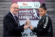 1 February 2013; Rianna Jarrett, Wexford Youths Women’s FC, is presented with the Bus Éireann Women’s National League Player of the Month for January 2013 by Fran Gavin, Director of the Bus Éireann National Women's League. Bus Éireann Women’s National League Player of the Month for January 2013, FAI Headquarters, Abbotstown, Dublin. Photo by Sportsfile