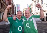 1 February 2013; Ireland supporters Paul Hensey, from Tullamore, Co. Offaly, left, and Declan Doogan, from Mountmellick, Co. Laois, in Cardiff ahead of Ireland's opening RBS Six Nations Rugby Championship match against Wales on Saturday. Cardiff, Wales. Picture credit: Stephen McCarthy / SPORTSFILE