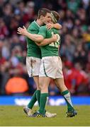 2 February 2013; Jonathan Sexton, left, and Brian O'Driscoll, Ireland, celebrate at the final whistle. RBS Six Nations Rugby Championship, Wales v Ireland, Millennium Stadium, Cardiff, Wales. Picture credit: Stephen McCarthy / SPORTSFILE