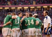 2 February 2013; Ireland players celebrate after Cian Healy scored his side's second try. RBS Six Nations Rugby Championship, Wales v Ireland, Millennium Stadium, Cardiff, Wales. Picture credit: Stephen McCarthy / SPORTSFILE