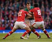 2 February 2013; Cian Healy, Ireland, in action against Jamie Roberts, left, and Toby Faletau, Wales. RBS Six Nations Rugby Championship, Wales v Ireland, Millennium Stadium, Cardiff, Wales. Picture credit: Stephen McCarthy / SPORTSFILE