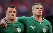 2 February 2013; Ireland captain Jamie Heaslip, right, and Cian Healy during the National Anthem. RBS Six Nations Rugby Championship, Wales v Ireland, Millennium Stadium, Cardiff, Wales. Picture credit: Stephen McCarthy / SPORTSFILE
