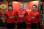 28 January 2013; Andrew Bell, Down Hurler, Brendan Coulter, Down Footballer and Mark Poland, Down Footballer, after a press conference at the Launch of the New Down Jersey. Down Football Press Conference, Canal Court Hotel, Newry, Co. Down. Picture credit: Oliver McVeigh / SPORTSFILE