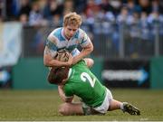 3 February 2013; Jeremy Loughman, Blackrock College, is tackled by Patrick Finlay, Gonzaga College SJ. Powerade Leinster Schools Senior Cup, 1st Round, Blackrock College v Gonzaga College SJ. Donnybrook Stadium, Donnybrook, Co. Dublin. Picture credit: Stephen McCarthy / SPORTSFILE