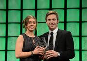 3 February 2013; Emma Hansberry, Castlebar Celtic, is presented with the U.19 Women's International player of the year award by Kevin Doyle, Republic of Ireland International. Three FAI International Football Awards, RTE Studios, Donnybrook, Dublin. Picture credit: David Maher / SPORTSFILE