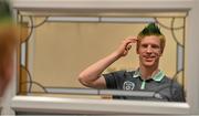 4 February 2013; Republic of Ireland's Paul McShane checks his new hair style as members of the squad go green in support of Today FM's Shave or Dye campaign. Portmarnock Hotel & Golf Links, Portmarnock, Co. Dublin. Picture credit: Brendan Moran / SPORTSFILE