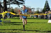 6 February 2013; Jodie McCann, Rathdown, Dublin, crosses the finishline to win the minor girls race during the 2013 AVIVA Leinster Schools cross country championships. Santry Demesne, Santry, Co. Dublin. Picture credit: Barry Cregg / SPORTSFILE