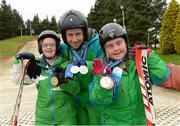 8th February 2013. Ulster’s trio of star skiers, from left, Rosalind Connolly, from Portadown, Co. Armagh, who won gold in the novice super giant slalom and a 6th place ribbon in the novice giant slalom, Ryan Hill, from Richhill, Co. Armagh, who won silver in the intermediate super giant slalom, silver in the intermediate giant slalom and a 4th place ribbon in the intermediate slalom and Lucy Best, from Lisburn, Co. Antrim, who won bronze in the intermediate super giant slalom, bronze in the intermediate giant slalom and a 4th place ribbon in the intermediate slalom, reunited at their home training ground at Craigavon Golf & Ski Centre, following their triumphant return from the Special Olympics World Winter Games in South Korea earlier this week. The trio were joined by their coach Jill Sloan, friends, family and members of the Special Olympics Ulster team to celebrate their victories at the World Winter Games. Craigavon Ski Centre, Lurgan, Co. Armagh. Picture credit: Oliver McVeigh / SPORTSFILE