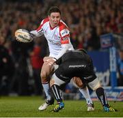 8 February 2013; Paddy Wallace, Ulster, is tackled by Morgan Allen, Ospreys. Celtic League 2012/13, Round 14, Ulster v Ospreys, Ravenhill Park, Belfast, Co. Antrim. Picture credit: Oliver McVeigh / SPORTSFILE