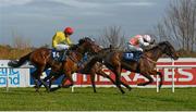 9 February 2013; Summer Star, left, with Katie Walsh up, trails eventual third placed Blazing Sonnet, with Andrew Leigh up, on their way to winning the Irish Stallion Farms European Breeders Fund Mares Handicap Hurdle. Leopardstown Racecourse, Leopardstown, Co. Dublin. Picture credit: Brendan Moran / SPORTSFILE